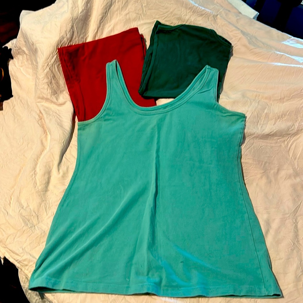 Three Maurice’s tank tops- red, teal, turquoise.